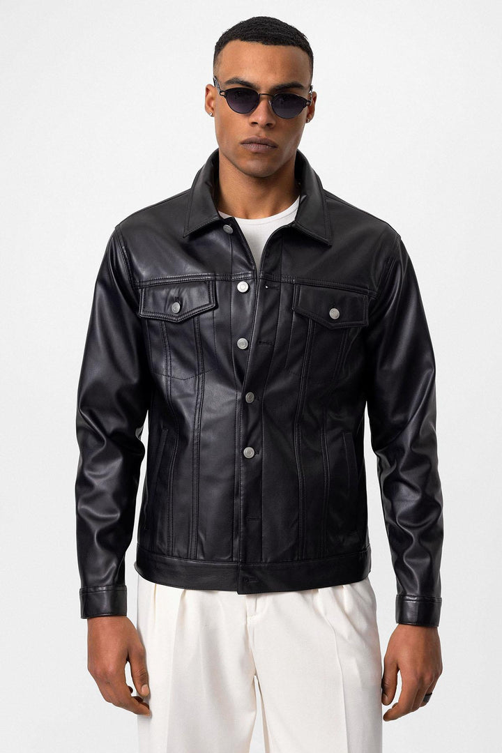 Men's Black Slim Fit Buttoned Leather Jacket - Wessi
