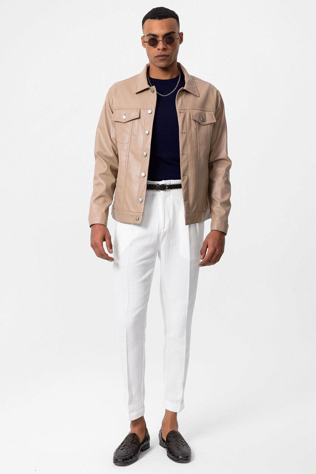 Men's Light Beige Slim Fit Buttoned Leather Jacket - Wessi