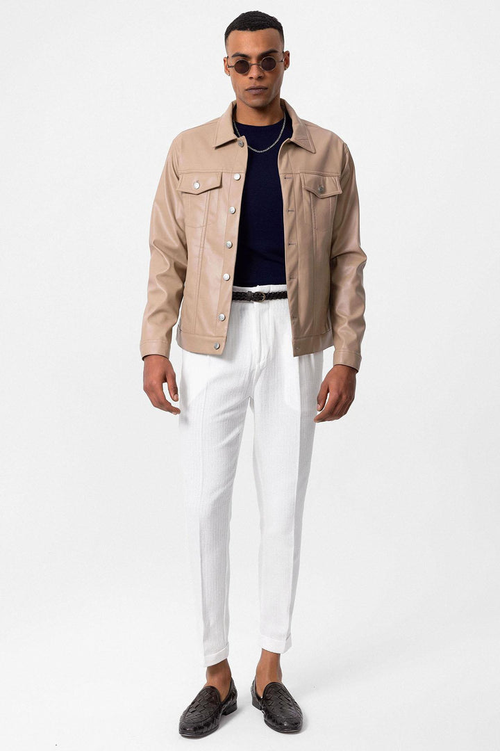 Men's Light Beige Slim Fit Buttoned Leather Jacket - Wessi