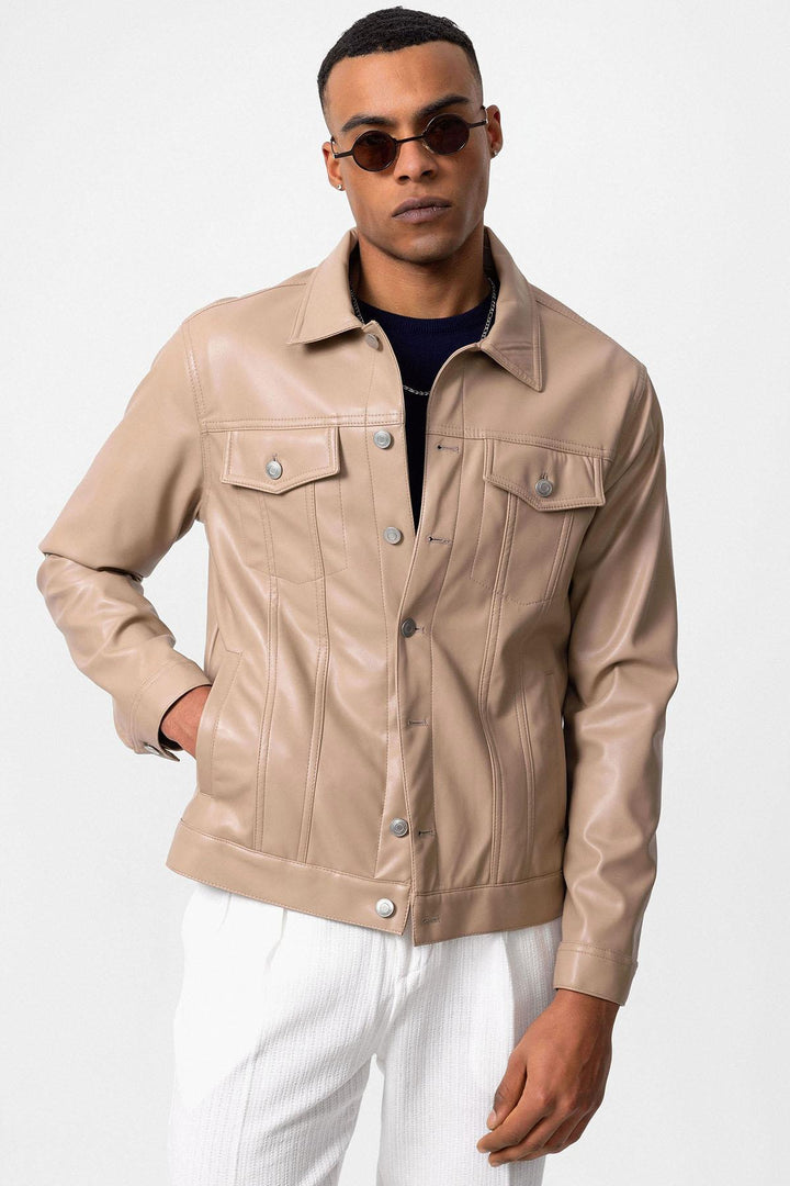 Men's Light Beige Slim Fit Buttoned Leather Jacket - Wessi