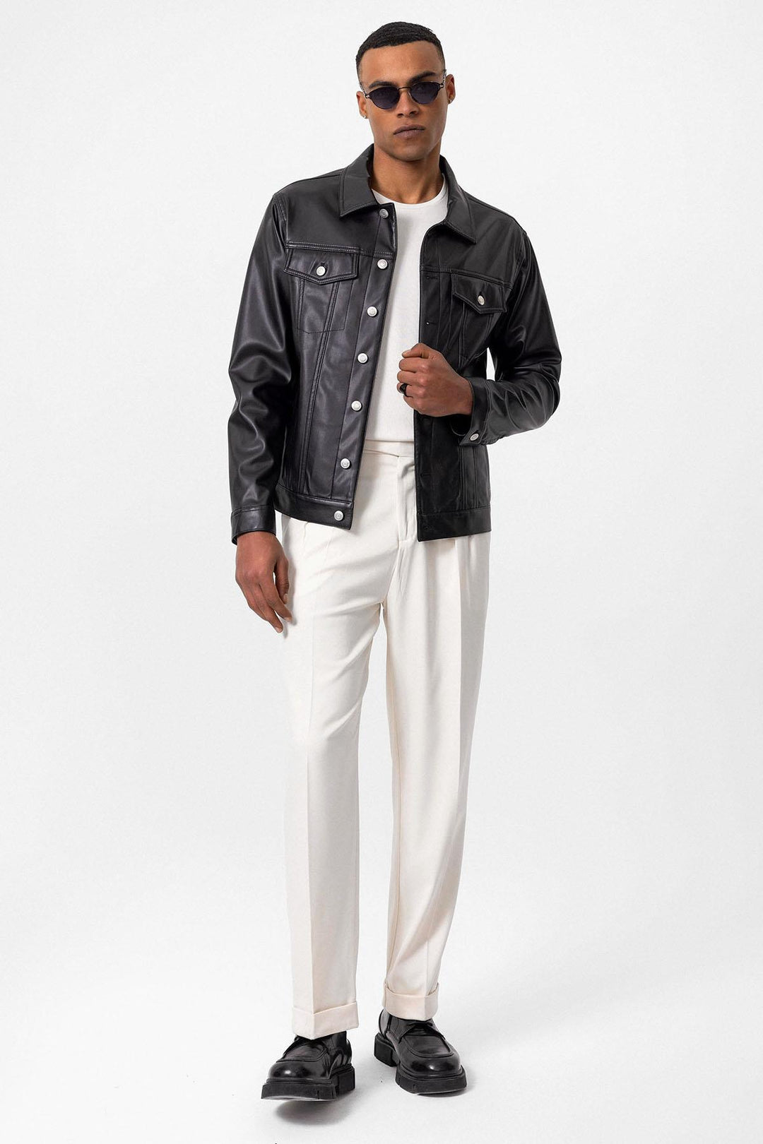 Men's Black Slim Fit Buttoned Leather Jacket - Wessi