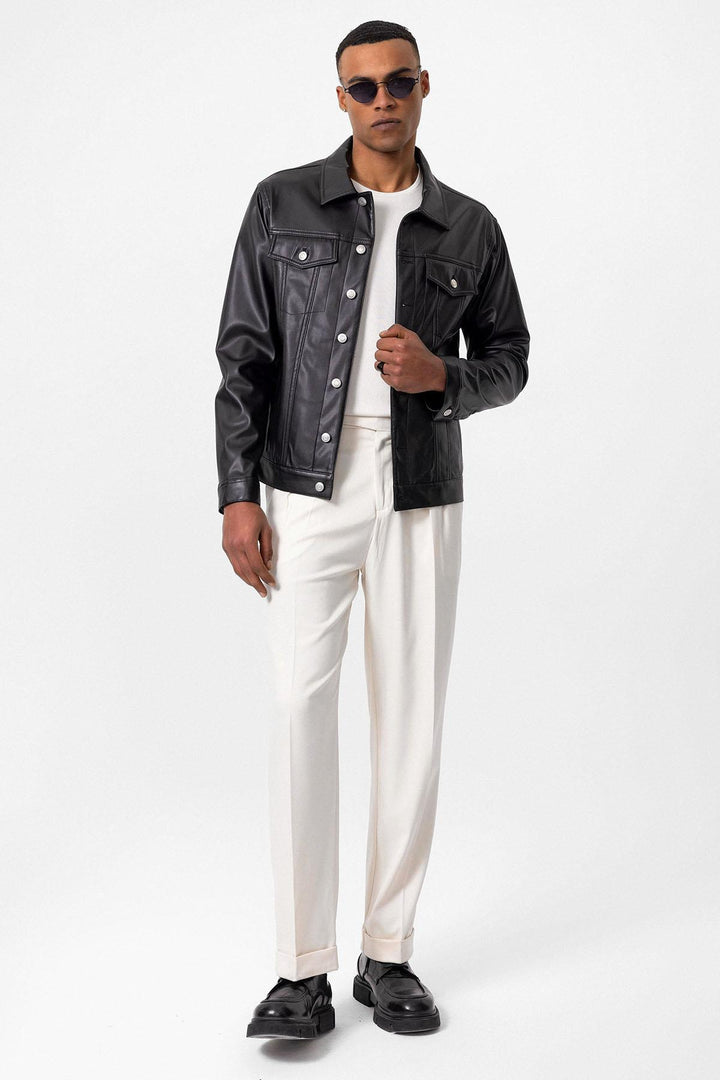 Men's Black Slim Fit Buttoned Leather Jacket - Wessi