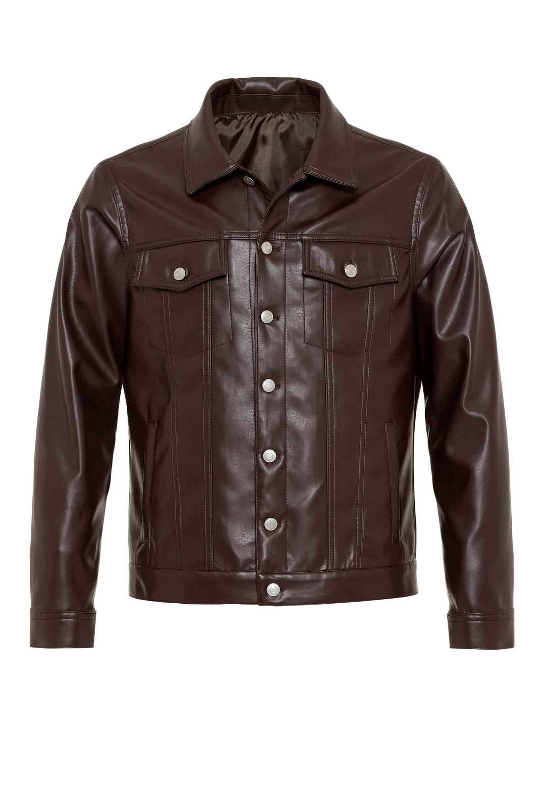 Men's Brown Slim Fit Buttoned Leather Jacket - Wessi