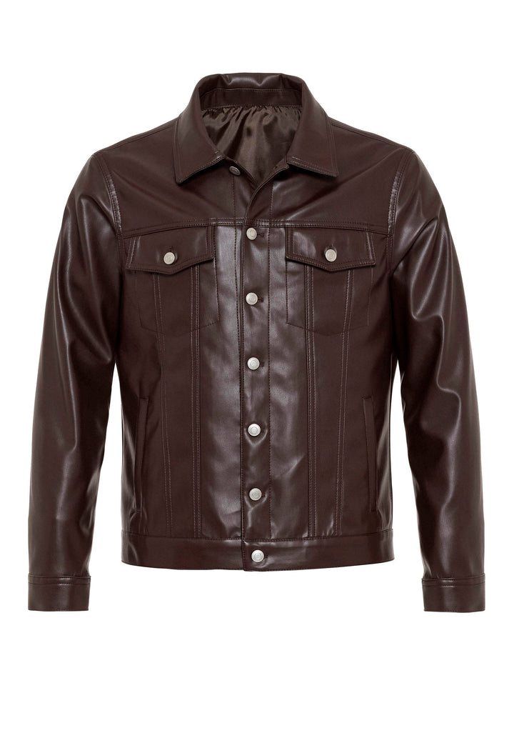 Men's Brown Slim Fit Buttoned Leather Jacket - Wessi