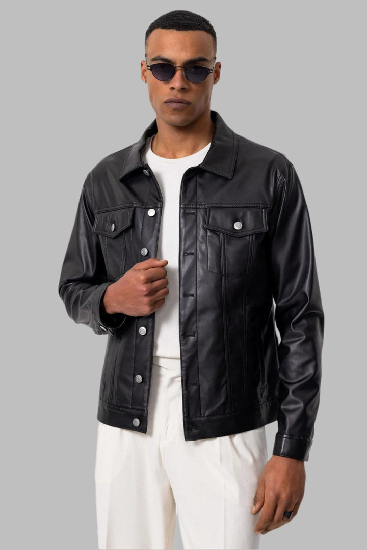 Men's Black Slim Fit Buttoned Leather Jacket - Wessi