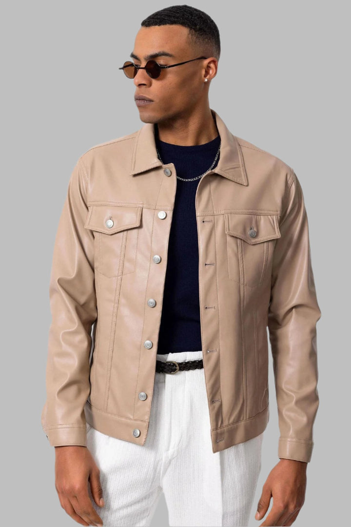 Men's Light Beige Slim Fit Buttoned Leather Jacket - Wessi