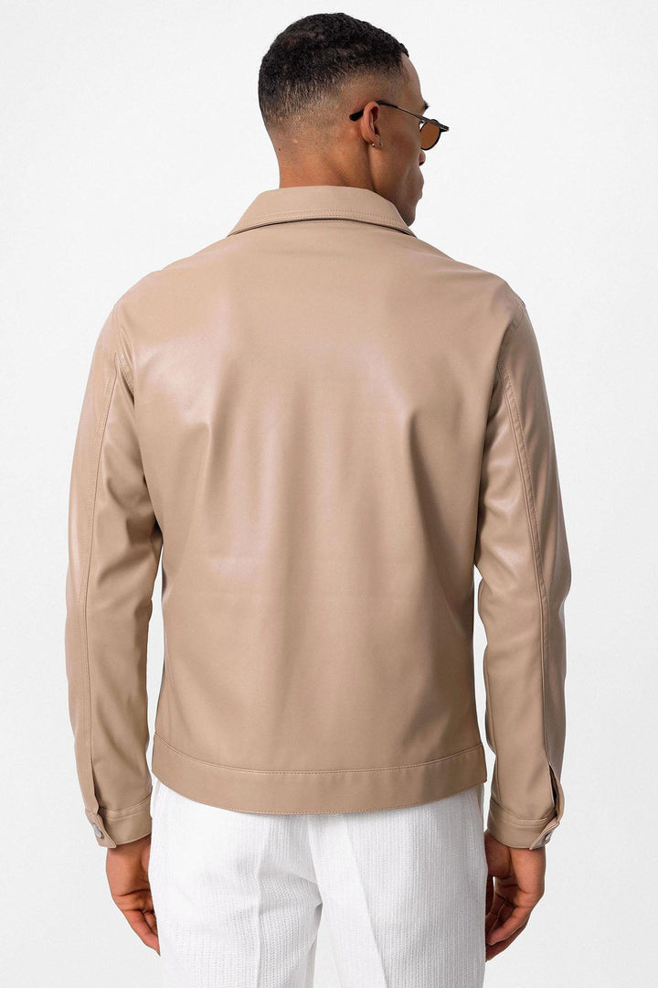 Men's Light Beige Slim Fit Buttoned Leather Jacket - Wessi