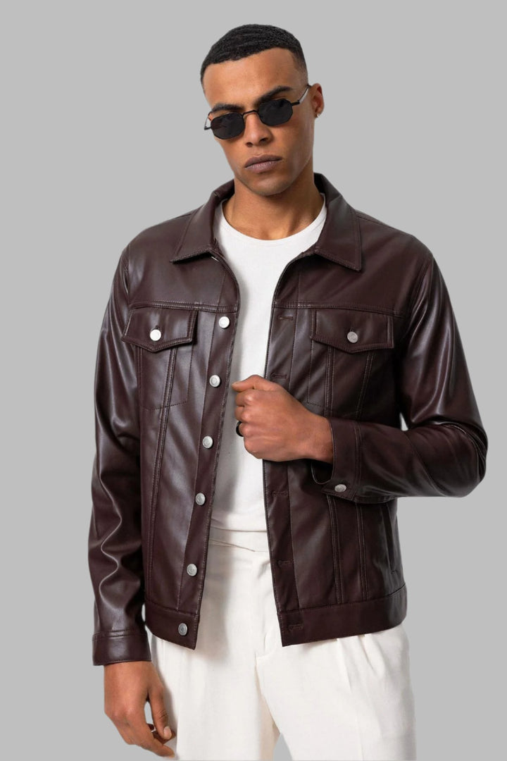 Men's Brown Slim Fit Buttoned Leather Jacket - Wessi