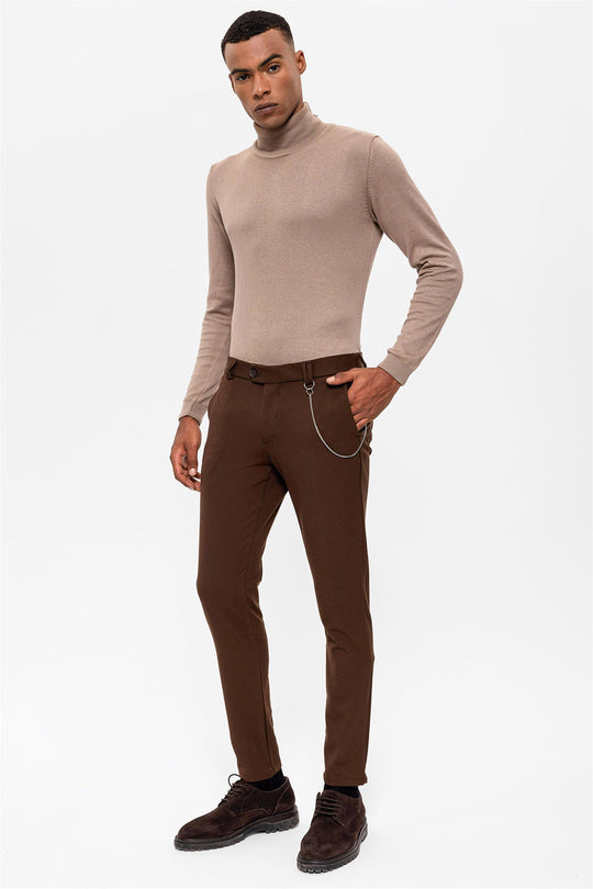 Men's Dark Brown Slim Fit Straight Accessory Fabric Trousers - Wessi Wessi - Discover Diversity Men's Dark Brown Slim Fit Straight Accessory Fabric Trousers - Wessi Wessi - Discover Diversity