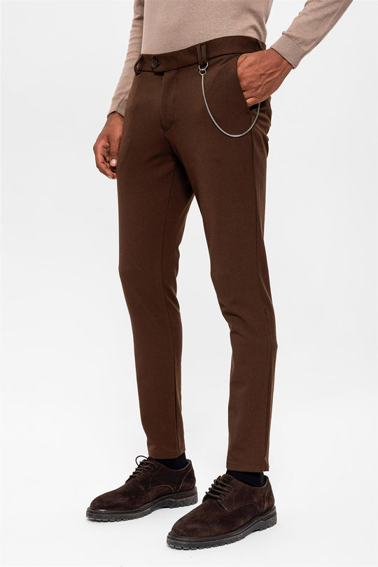 Men's Dark Brown Slim Fit Straight Accessory Fabric Trousers - Wessi Wessi - Discover Diversity Men's Dark Brown Slim Fit Straight Accessory Fabric Trousers - Wessi Wessi - Discover Diversity