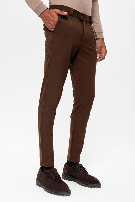 Men's Dark Brown Slim Fit Straight Accessory Fabric Trousers - Wessi –  Wessi