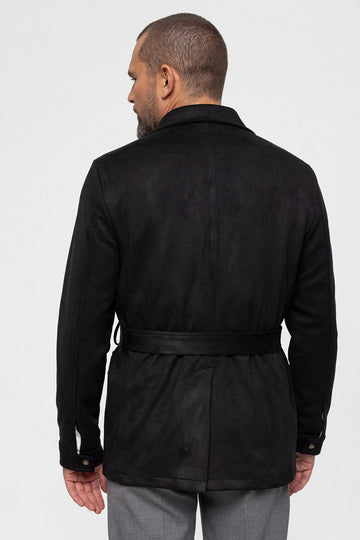 Men's Black Slim Fit Belted Suede Coat - Wessi
