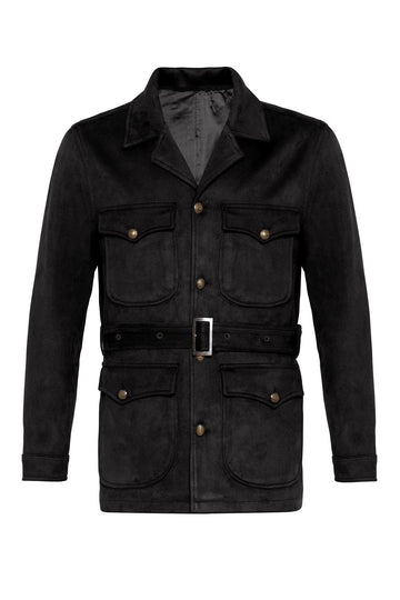 Men's Black Slim Fit Belted Suede Coat - Wessi