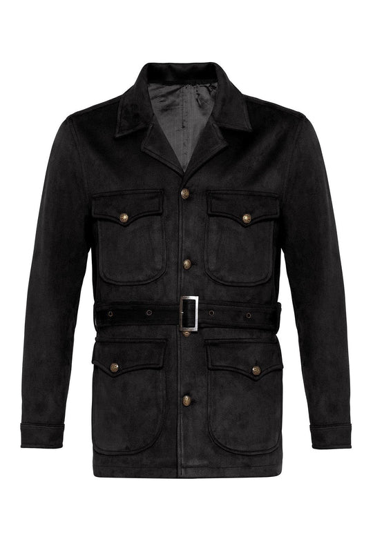 Men's Black Slim Fit Belted Suede Coat - Wessi