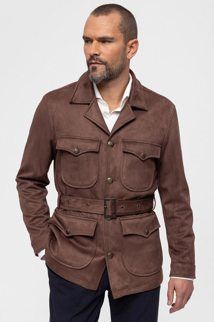 Men's Dark Brown Slim Fit Belted Suede Coat - Wessi
