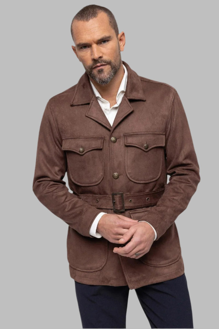 Men's Dark Brown Slim Fit Belted Suede Coat - Wessi