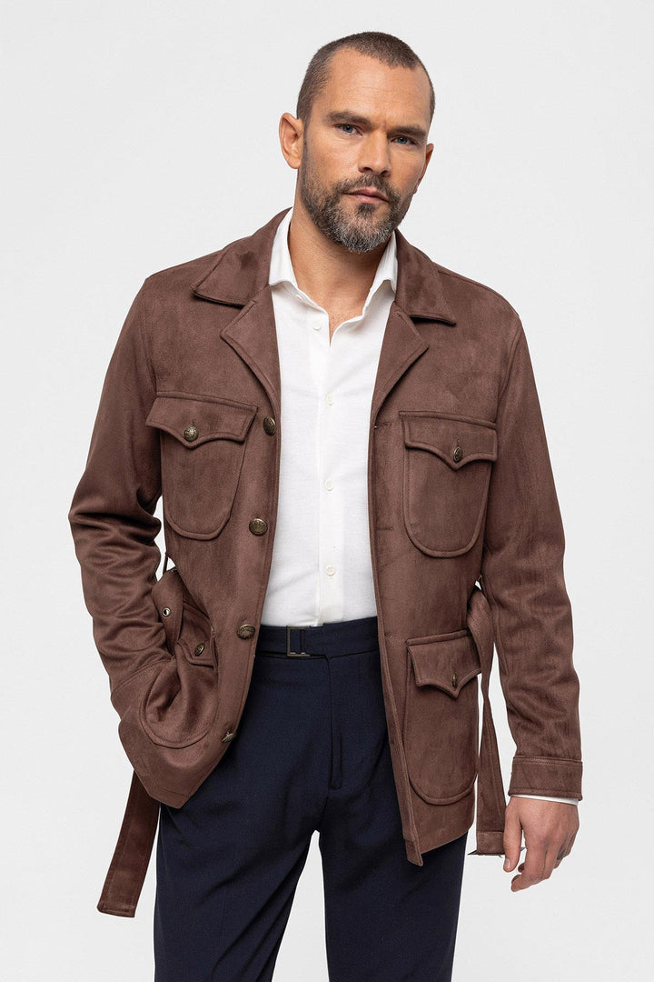 Men's Dark Brown Slim Fit Belted Suede Coat - Wessi