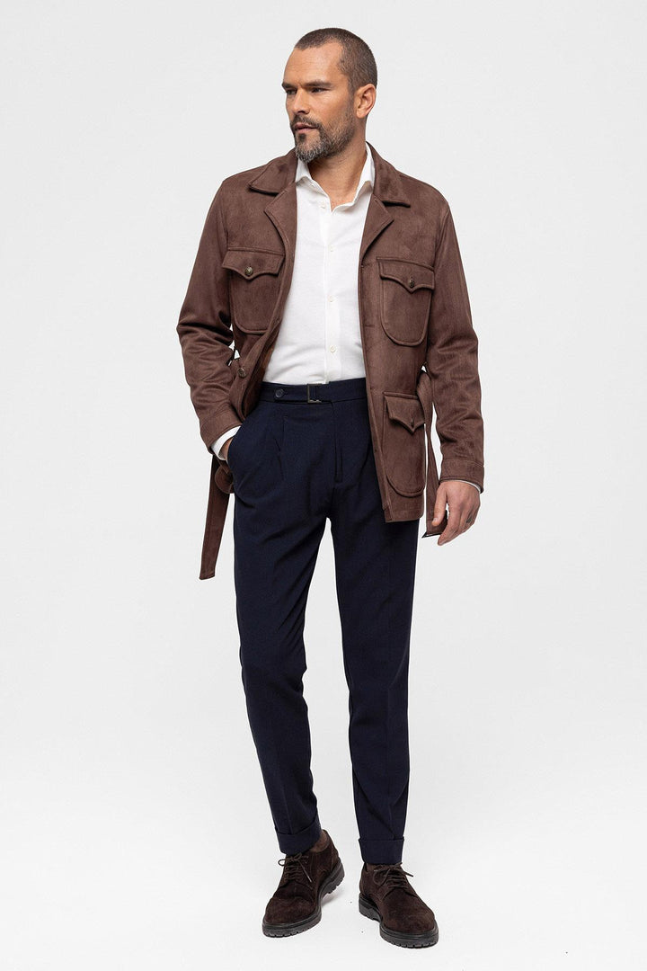 Men's Dark Brown Slim Fit Belted Suede Coat - Wessi