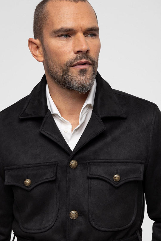 Men's Black Slim Fit Belted Suede Coat - Wessi