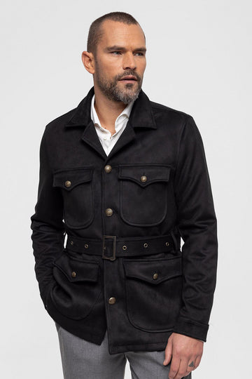 Men's Black Slim Fit Belted Suede Coat - Wessi