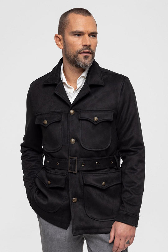 Men's Black Slim Fit Belted Suede Coat - Wessi