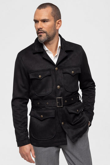 Men's Black Slim Fit Belted Suede Coat - Wessi