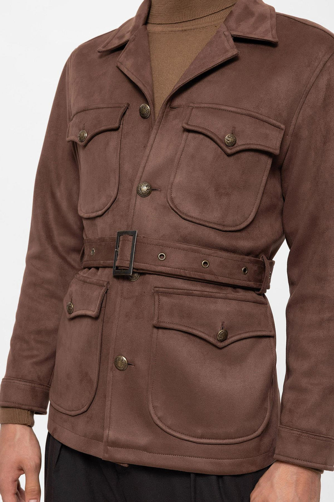 Men's Dark Brown Slim Fit Belted Suede Coat - Wessi