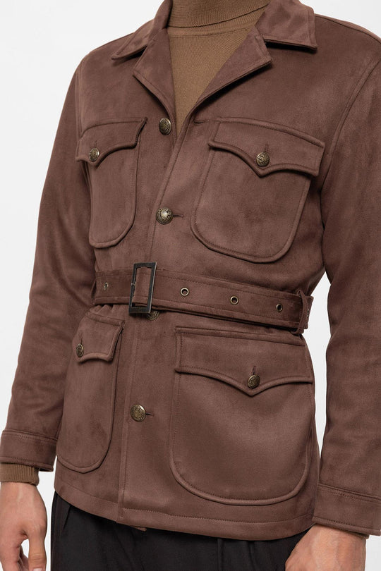 Men's Dark Brown Slim Fit Belted Suede Coat - Wessi