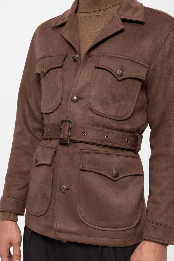 Men's Dark Brown Slim Fit Belted Suede Coat - Wessi