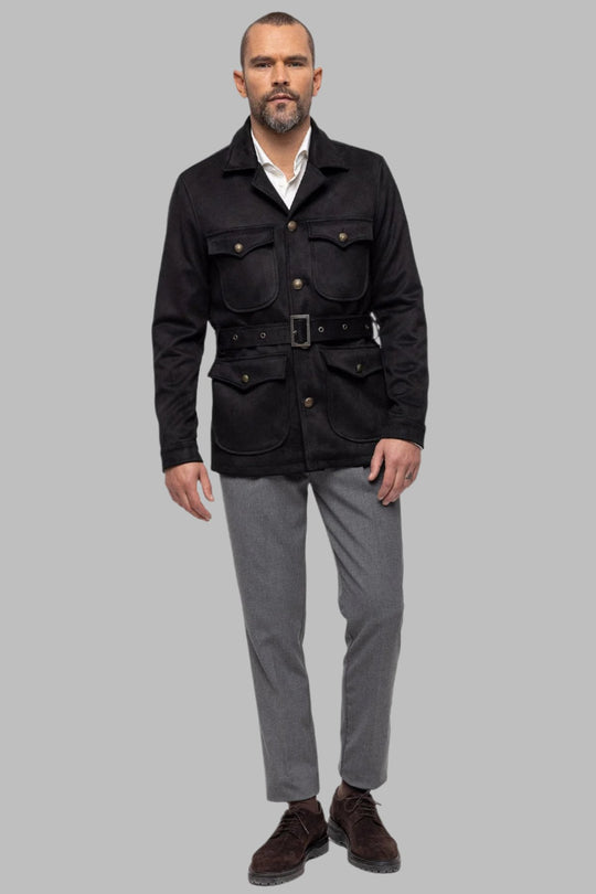Men's Black Slim Fit Belted Suede Coat - Wessi