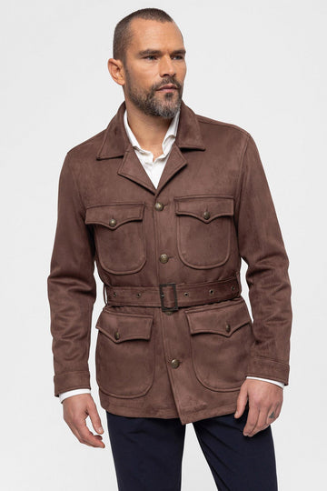 Men's Dark Brown Slim Fit Belted Suede Coat - Wessi