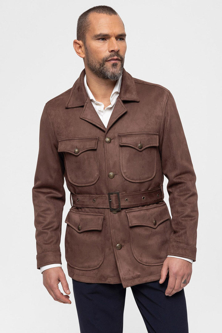 Men's Dark Brown Slim Fit Belted Suede Coat - Wessi
