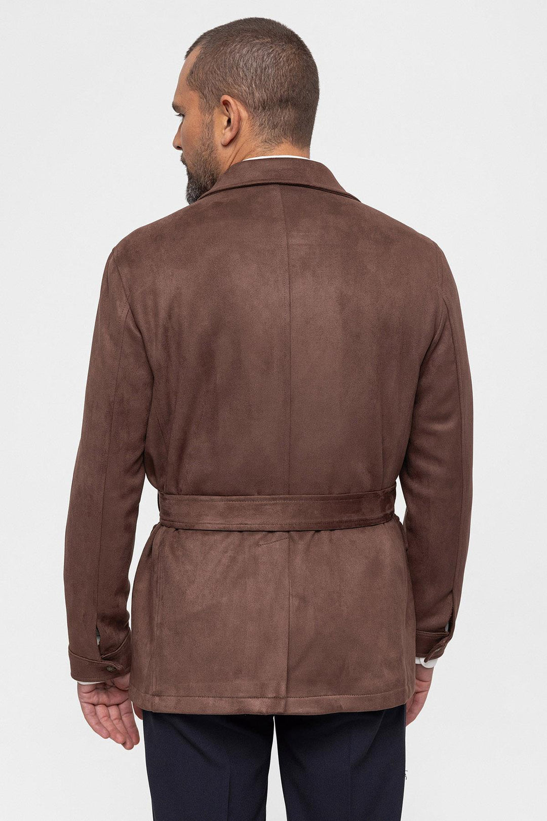 Men's Dark Brown Slim Fit Belted Suede Coat - Wessi