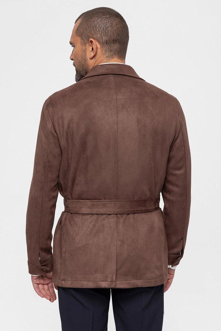 Men's Dark Brown Slim Fit Belted Suede Coat - Wessi
