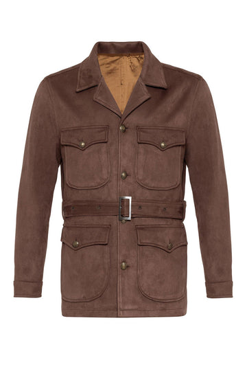 Men's Dark Brown Slim Fit Belted Suede Coat - Wessi