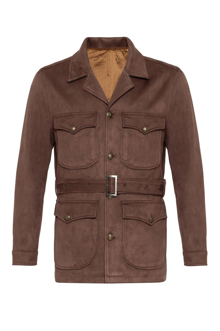 Men's Dark Brown Slim Fit Belted Suede Coat - Wessi
