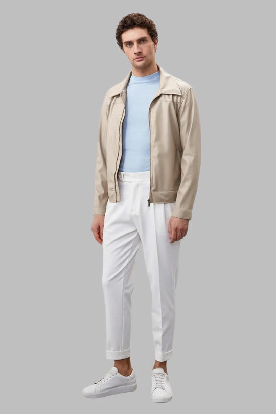 معطف رجالي من الجلد الصناعي باللون البيج بسحاب - ويسي