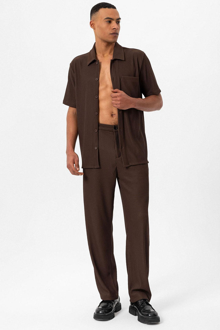 Men's Brown Short-Sleeve Ribbed Shirt - Wessi