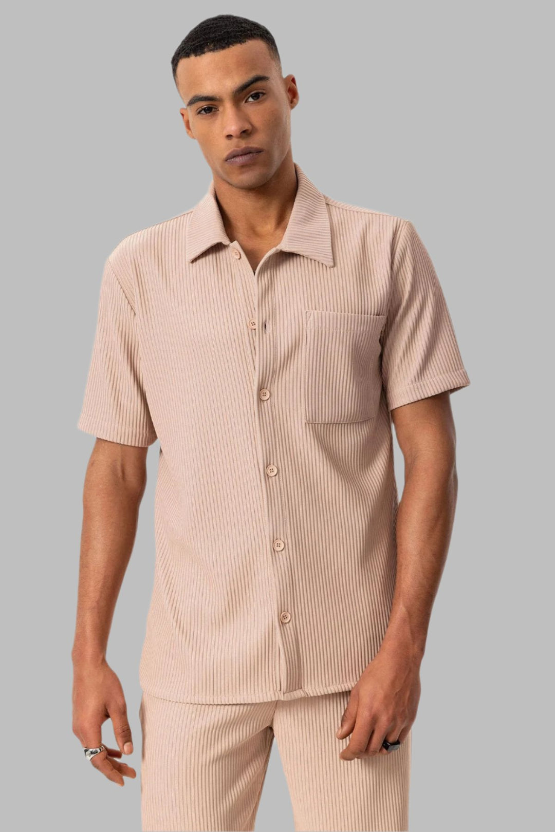 Men's Beige Short-Sleeve Ribbed Shirt - Wessi