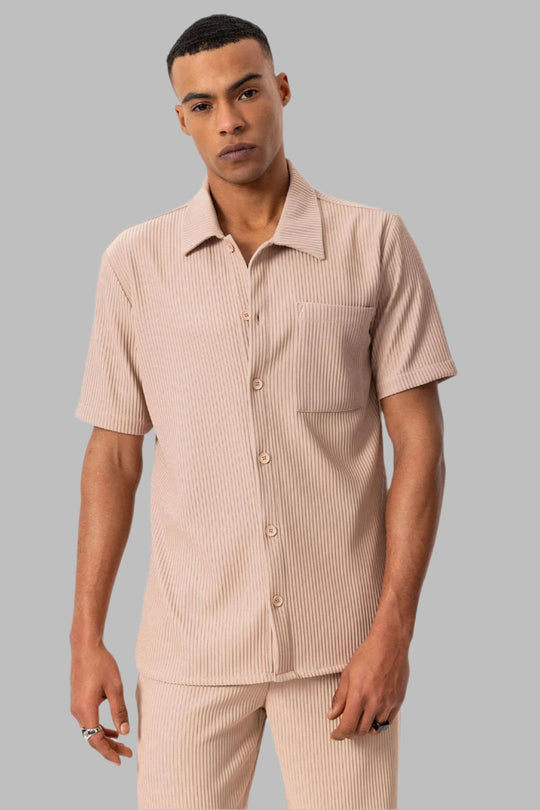 Men's Beige Short-Sleeve Ribbed Shirt - Wessi