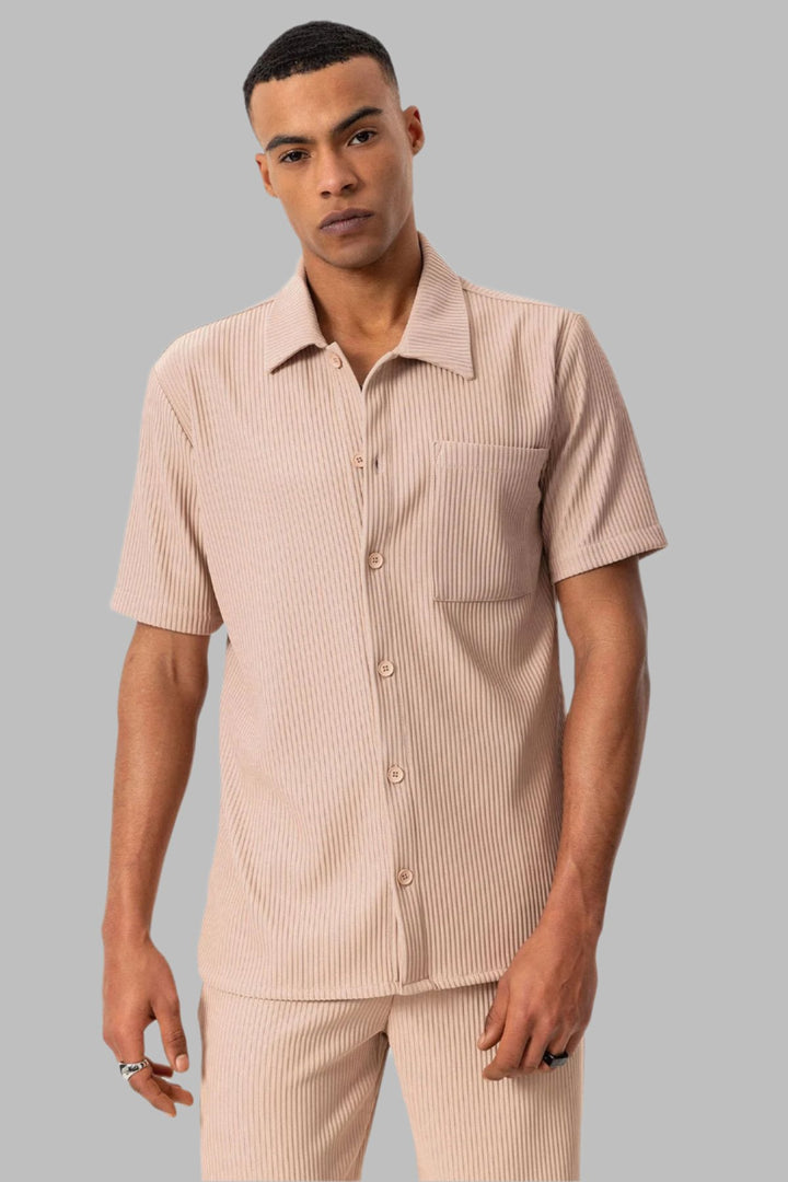 Men's Beige Short-Sleeve Ribbed Shirt - Wessi