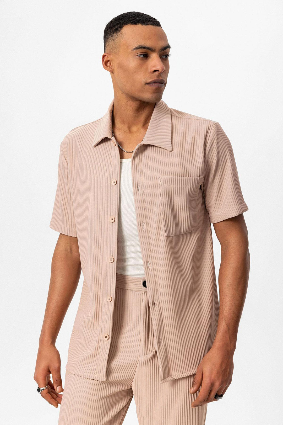 Men's Beige Short-Sleeve Ribbed Shirt - Wessi