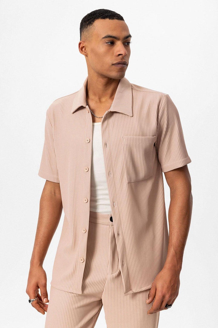 Men's Beige Short-Sleeve Ribbed Shirt - Wessi