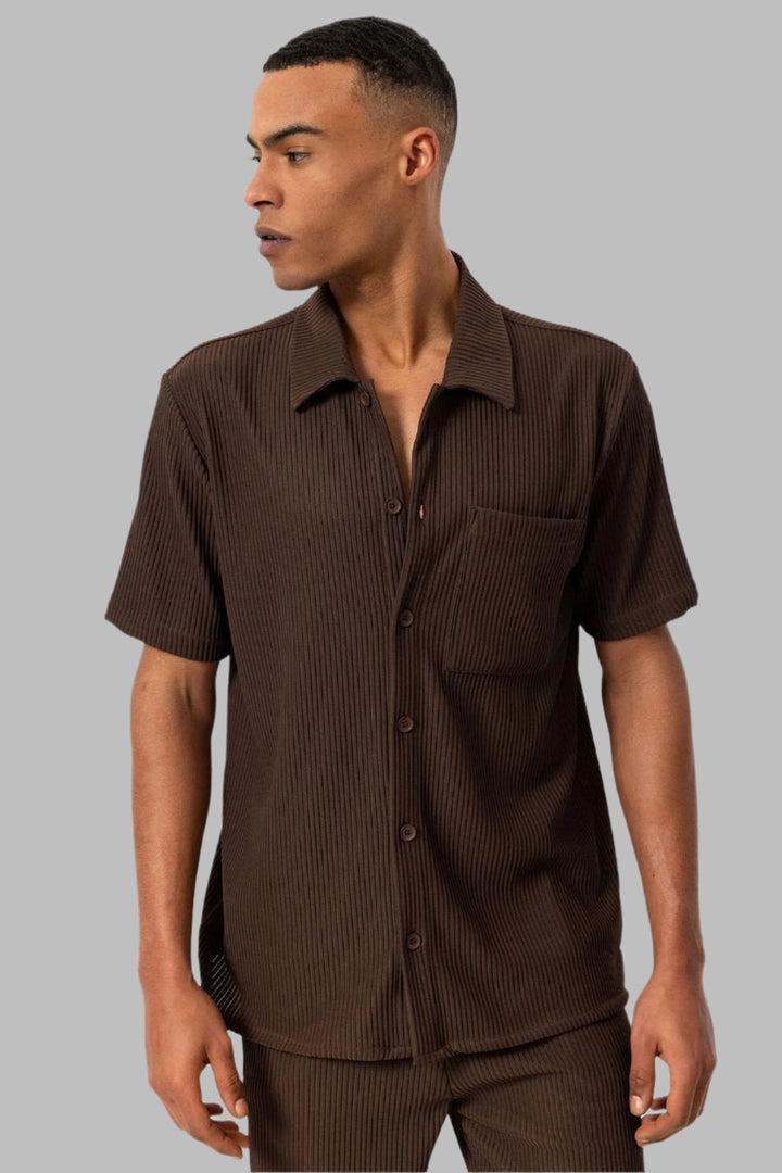 Men's Brown Short-Sleeve Ribbed Shirt - Wessi