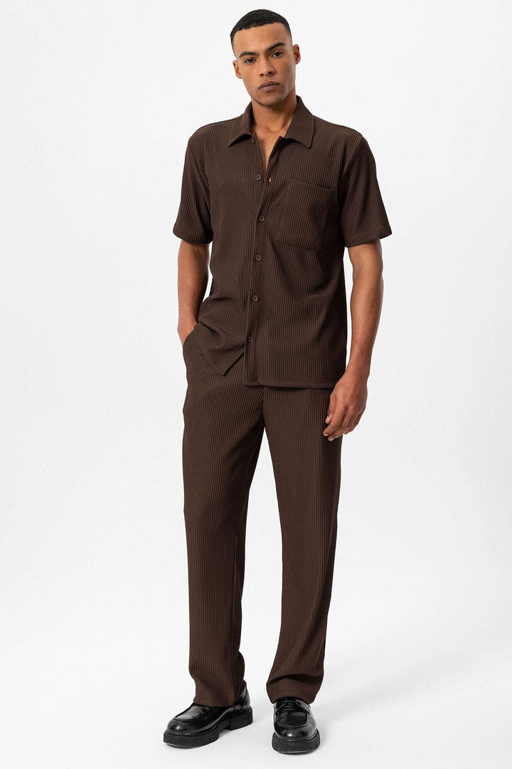 Men's Brown Short-Sleeve Ribbed Shirt - Wessi
