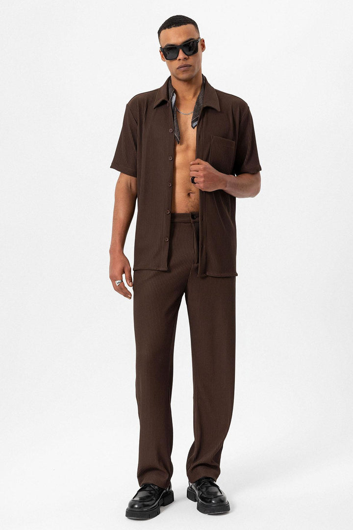 Men's Brown Short-Sleeve Ribbed Shirt - Wessi