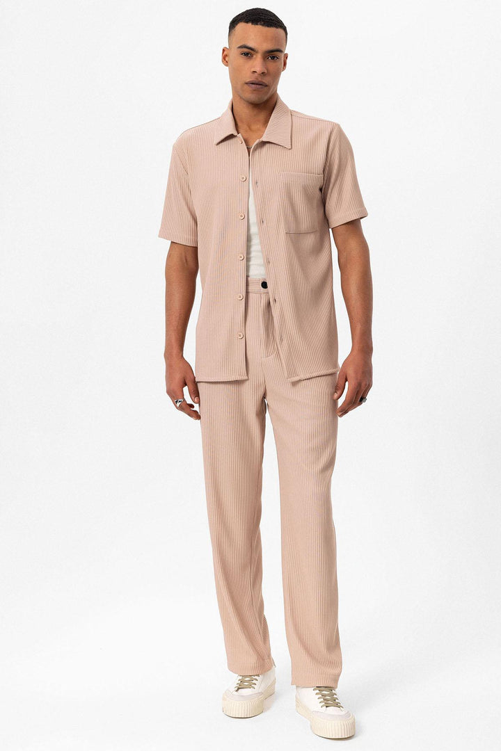 Men's Beige Short-Sleeve Ribbed Shirt - Wessi