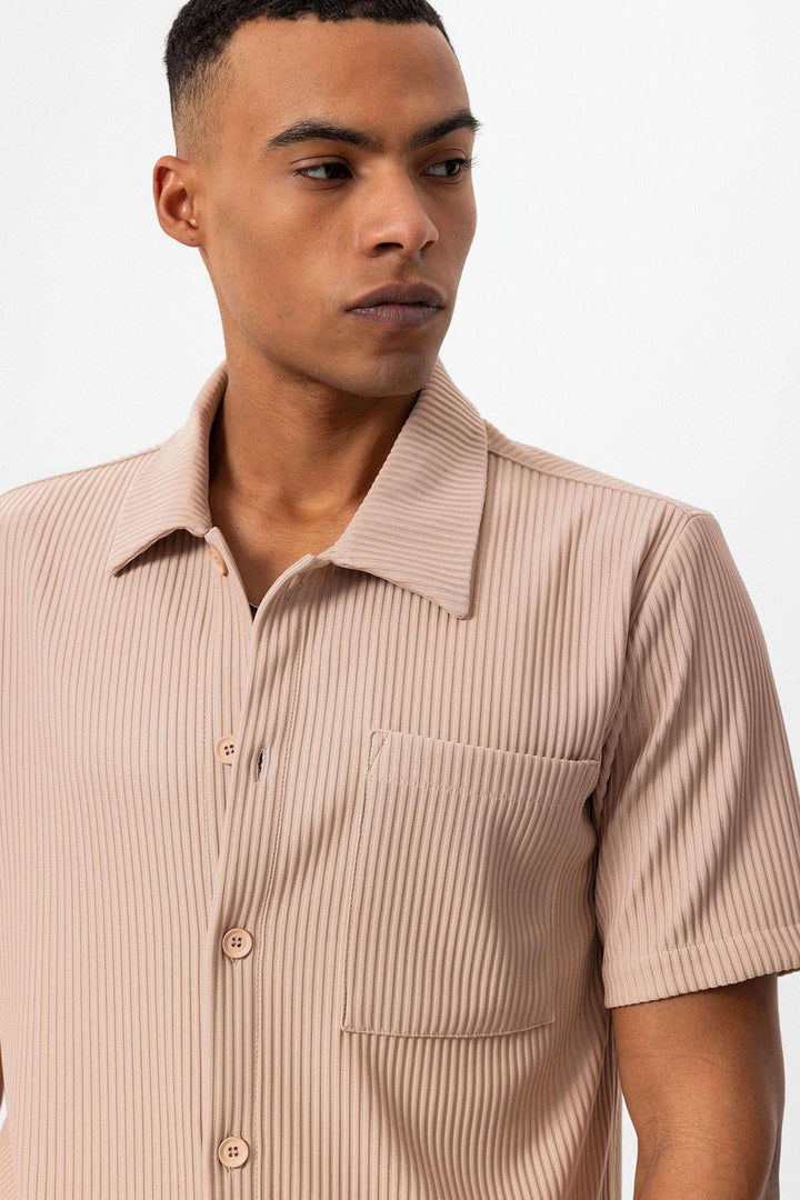 Men's Beige Short-Sleeve Ribbed Shirt - Wessi