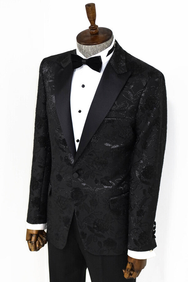 Floral Patterned Black Men Tuxedo Blazer - Wessi