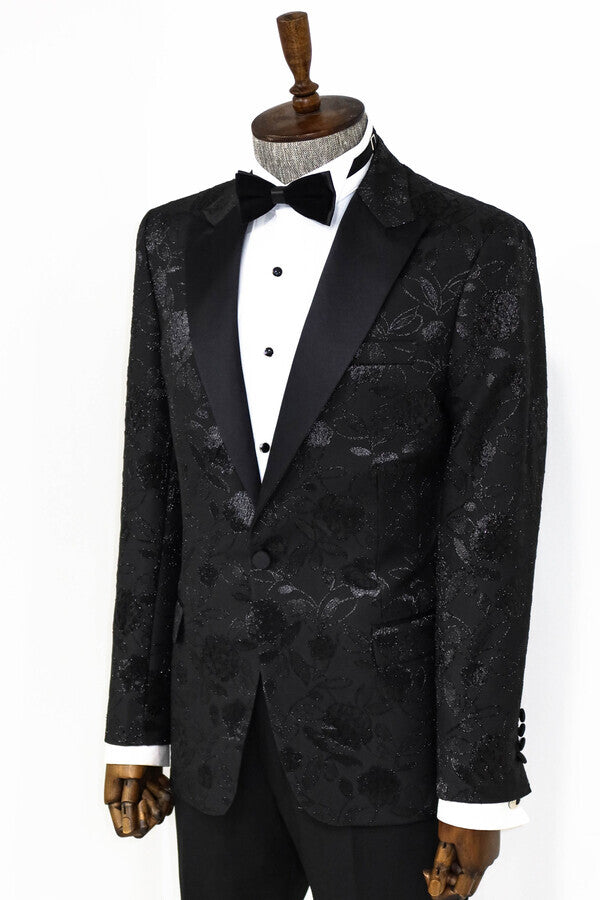 Floral Patterned Black Men Tuxedo Blazer - Wessi